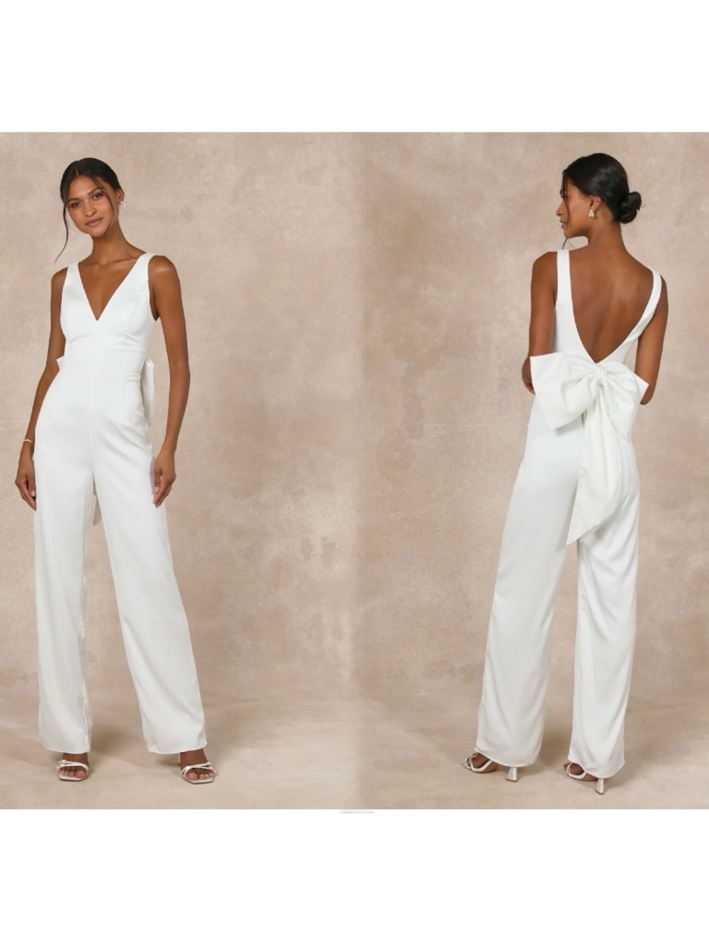 NWOT. Lulus Lulus Angelic Aesthetic Ivory Satin Bow Back Sleeveless Jumpsuit XS